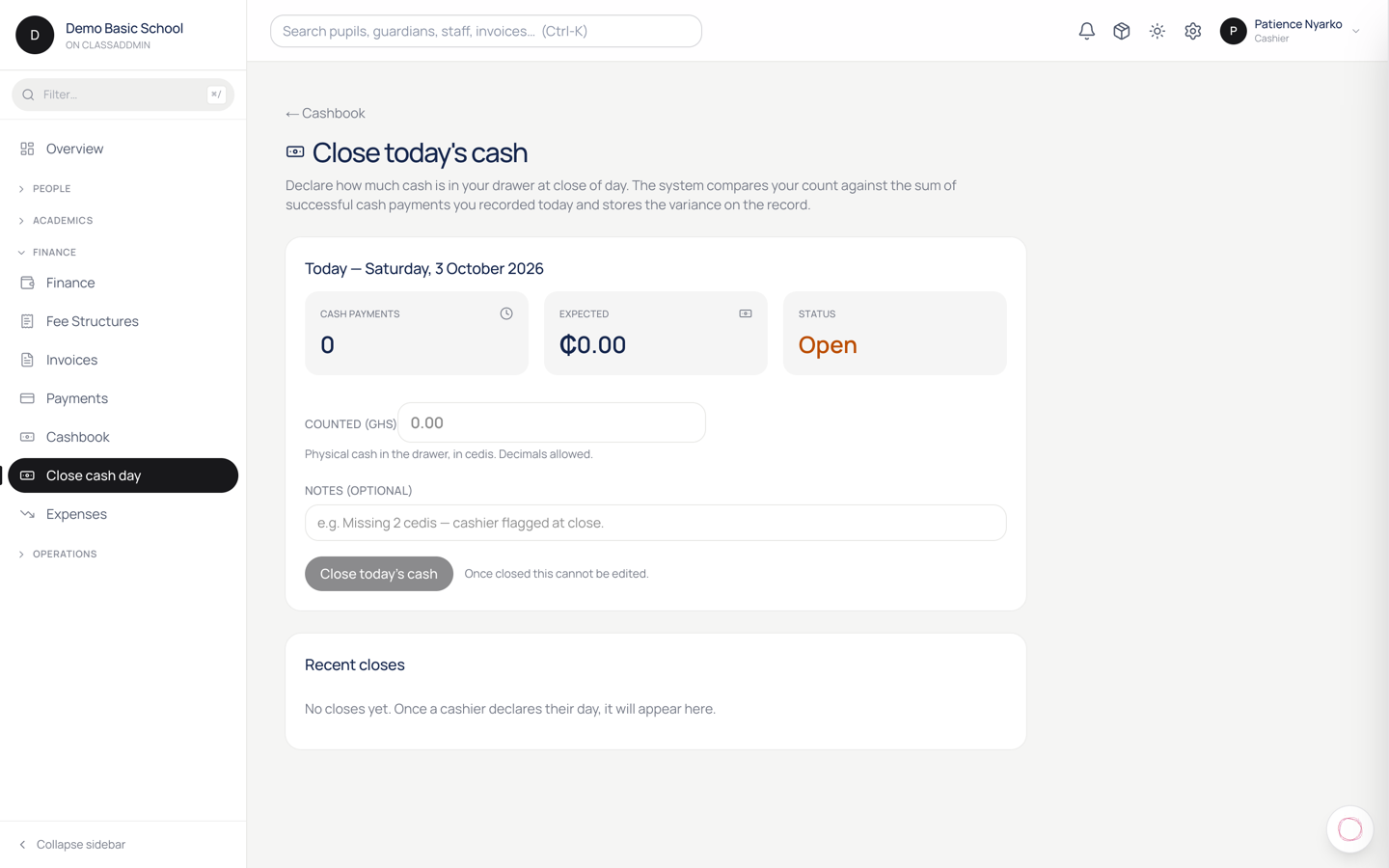 Close out cashier shift at end of day — screen