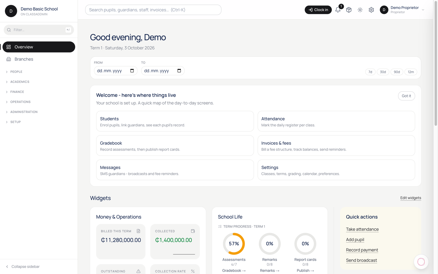 Welcome to ClassAddmin — screen
