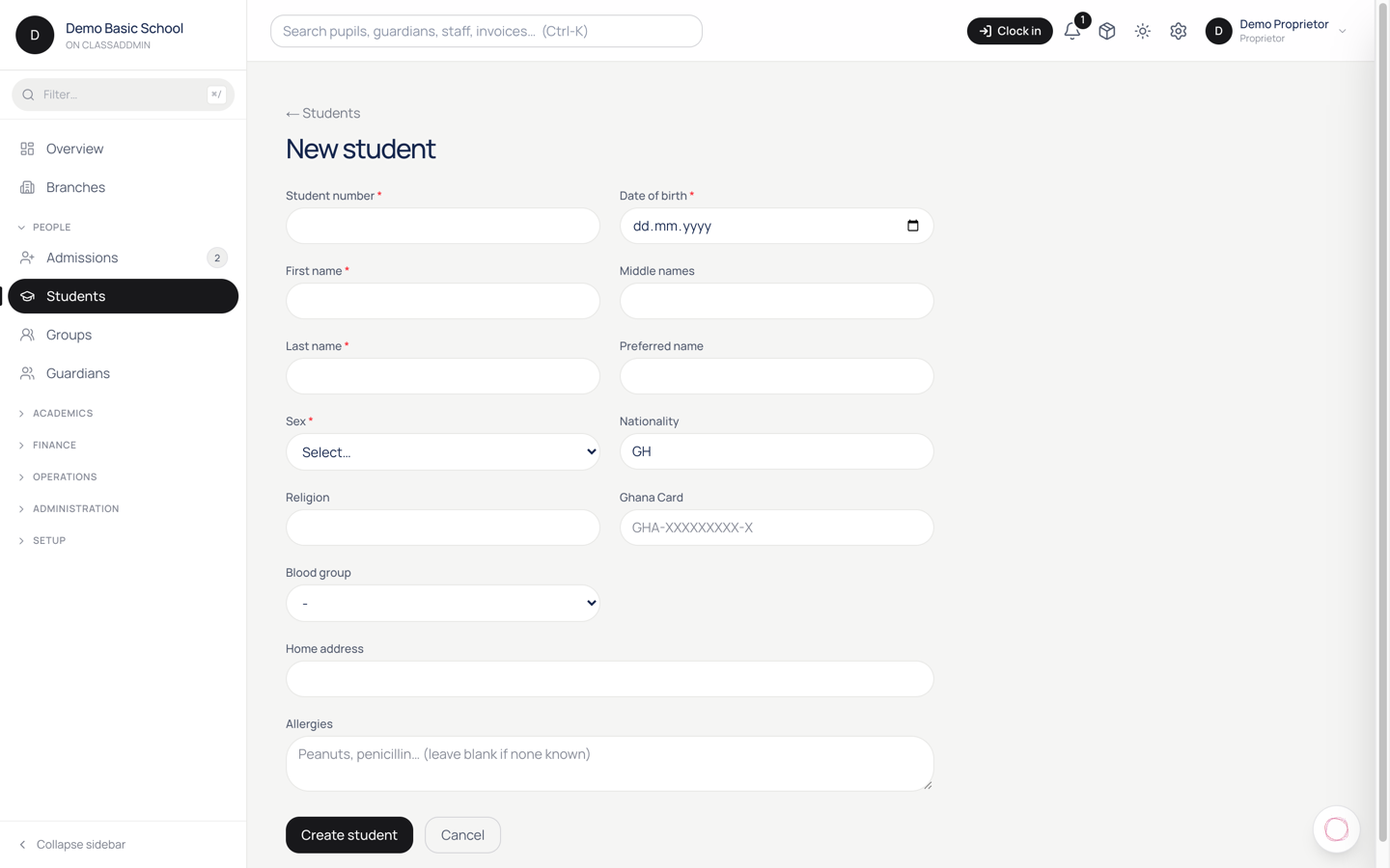 Add a new student — screen