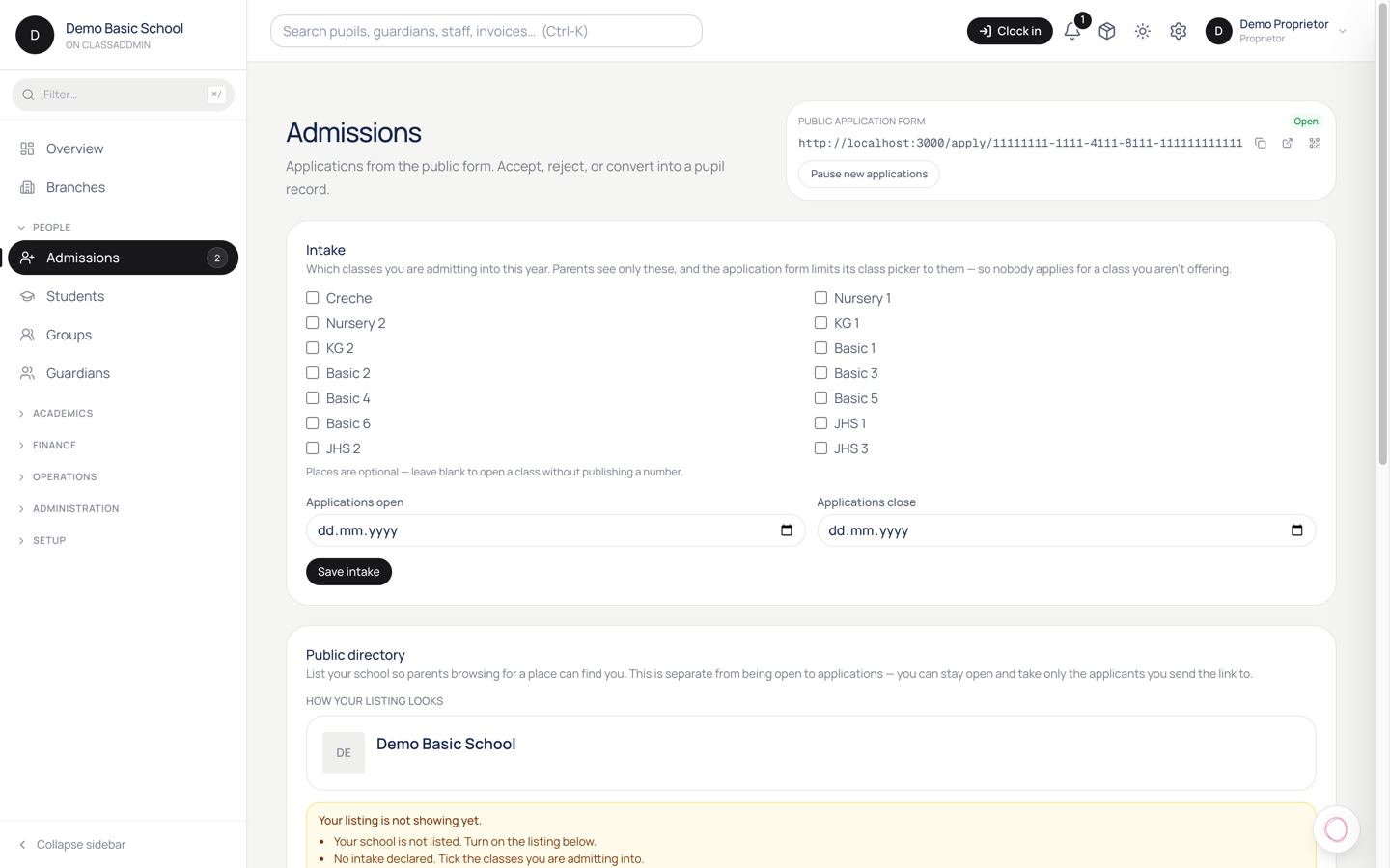 Admit an applicant - turn an application into a pupil — screen