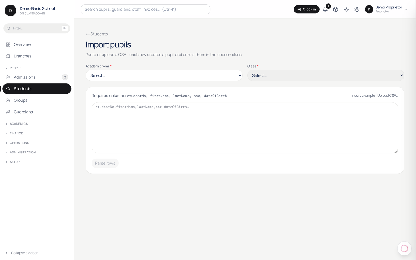Bulk import students from a CSV — screen