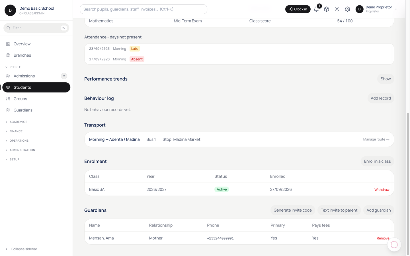 Link a guardian to a student — screen